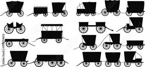 Collection of vintage western wagon silhouettes including covered conestoga pioneer carriages and historical stagecoach transport in black CAD drawing flat vector illustration