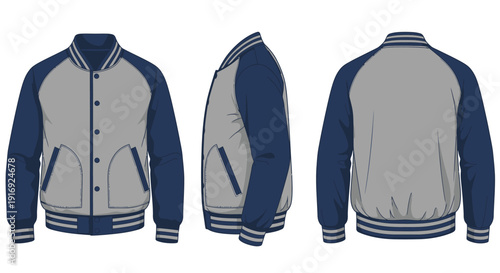 A navy and gray varsity jacket displayed from front and back views