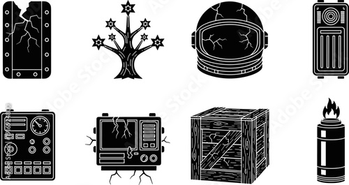 Damaged objects vector icons, cracked helmet, broken monitor, worn crate, torch canister, control panel, tree, metal panel, post‑apocalyptic design, destruction, decay