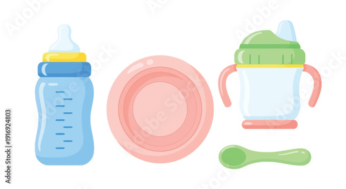 Baby feeding items including bottles plate spoon and sippy cup