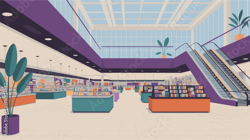 Stylized vector illustration of a contemporary shopping mall interior with escalators, retail displays, natural light, vibrant colors, and sleek geometric design