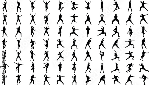 Comprehensive set of human silhouettes in various poses including dancing, jumping, yoga, fitness, 