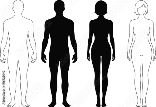 Collection of male and female human body figures in black silhouette and outline styles standing front view for anatomy design