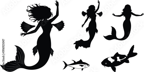 Black silhouette mermaids with flowing hair, fantasy sea creatures, koi fish and tuna, mythical underwater design, marine life vector illustration, decorative artwork