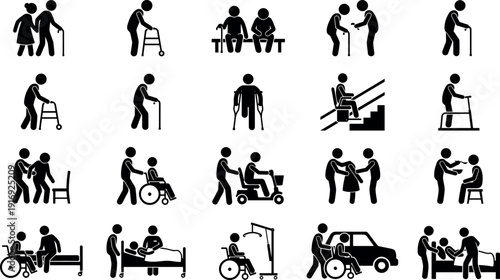 Elderly care and disability assistance vector icon set featuring seniors with walkers, wheelchair users, patient nursing support, and medical accessibility symbols in black silhouette