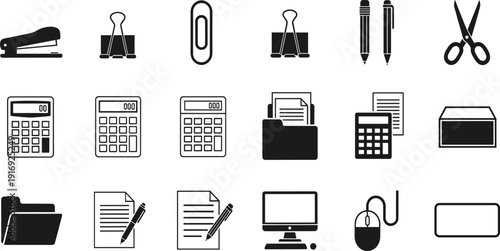 Black and white office supply icons, stapler, binder clip, paperclip, pens, scissors, calculator, folder, documents, desktop computer, mouse, stationery, equipment