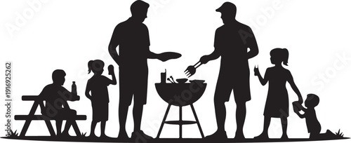 Family barbecue with children and adults near grill