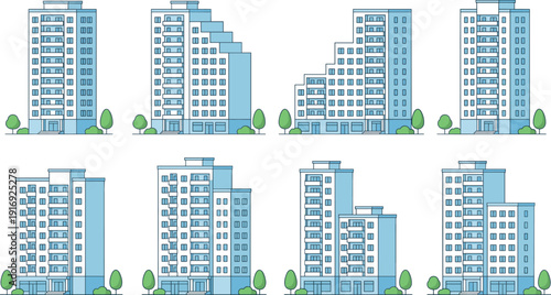 featuring high-rise residential architecture, urban housing facades, city infrastructure design, and multi-story office blocks for real estate development projects.