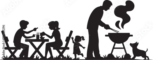 Family barbecue with children and dog in silhouette 1