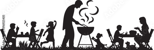 Family barbecue with children playing and adults cooking and eating