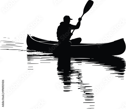 Man paddling canoe on calm water silhouette