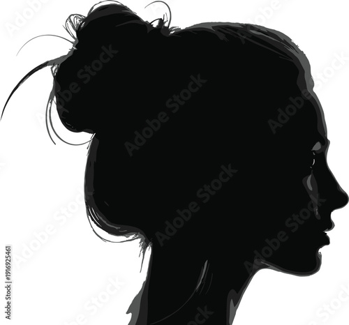 Detailed silhouette of a woman profile with messy bun hairstyle, female head side view, elegant lady face outline on white. (20 words)