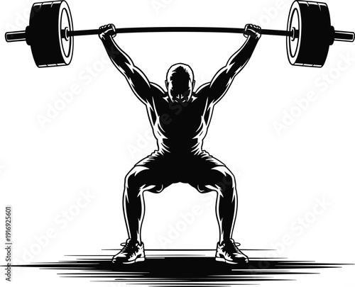 Muscular man lifting heavy barbell in dynamic exercise