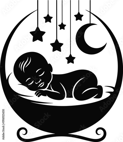 Peaceful baby sleeping under stars and moon graphic