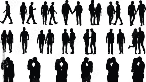 Large collection of diverse children silhouettes standing, playing, and waving, group of boys and girls isolated on white background set. (20 words)