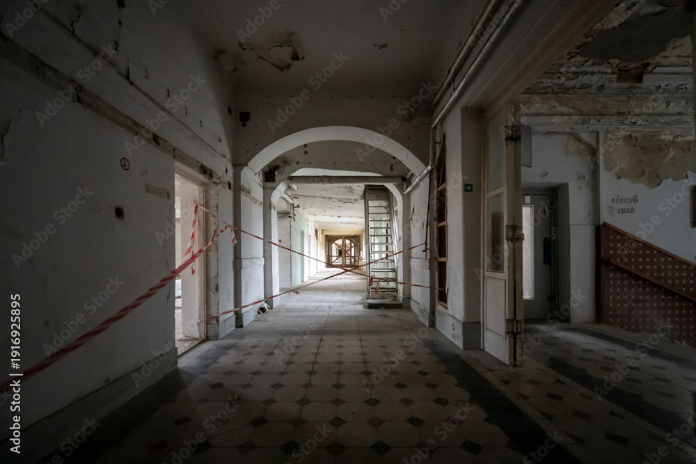 Fototapeta premium Abandoned Palace in Budapest, Hungary – Derelict Historic Television Headquarters, Urban Decay Architecture, Forgotten Cultural Landmark, Empty Neo-Renaissance Building Exterior