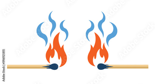Two burning matches with orange and blue flames isolated on white