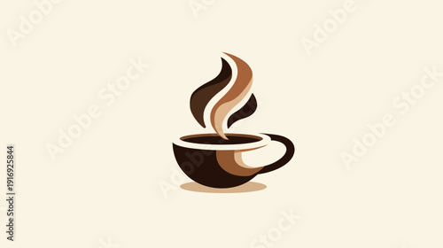 A stylized coffee cup with steam rising. Colors are various shades of brown on a beige background