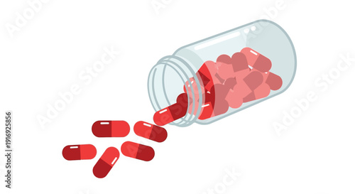 Red capsules spilling from a clear glass bottle illustration style