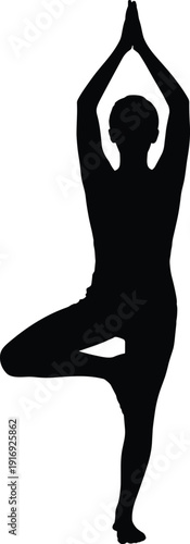 Serene woman in tree yoga pose on white background