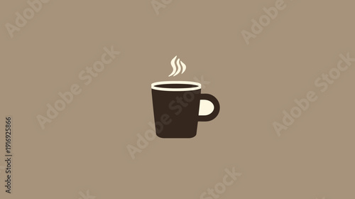 A simple, minimalist illustration of a dark brown coffee mug with steam on a muted background