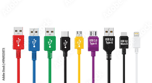 A colorful collection of various usb cable connector types displayed