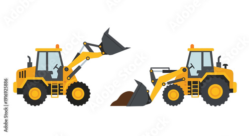 Two yellow front end loaders with buckets facing different directions