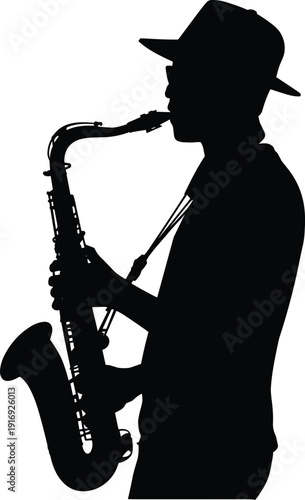 Silhouette of a musician playing saxophone with hat on