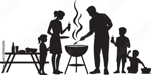 Family cooking outdoors with barbecue grill