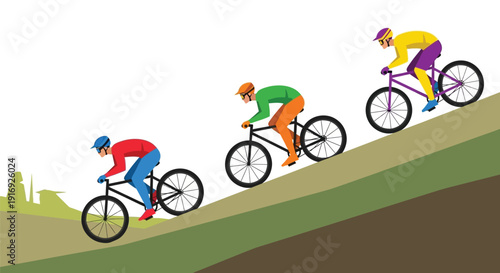 Three cyclists ride uphill on a vibrant cartoon style landscape