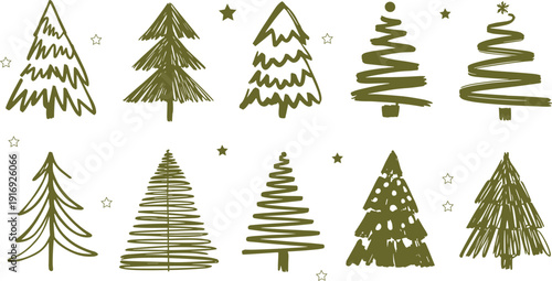 A collection of 10 unique hand drawn christmas tree illustrations in various styles and designs