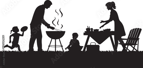 Family cooking outdoors with grill and children playing