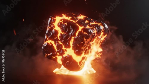 Volcanic lava block glowing with fire and smoke on dark background