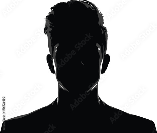 Man portrait silhouette from front view, male head and shoulders avatar, anonymous person icon isolated on white background for design. (20 words)