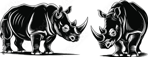 Two Detailed Rhino Illustrations Facing Each Other in Black and White Style, Wildlife Engraving Art, Powerful Animal Vector Design