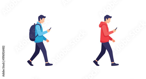 Two young men walking and using their smartphones simultaneously
