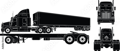 Black vector silhouette of a heavy duty semi truck with trailer and separate chassis from side front and rear views for logistics brandin