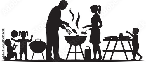 Family Cooking Together at Outdoor Grill silhouette