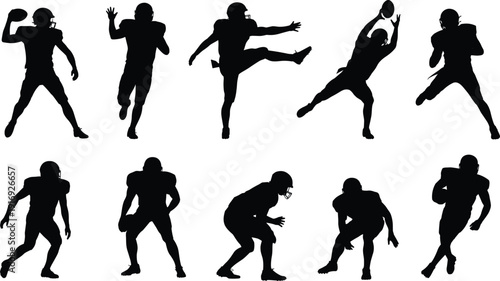 Set of active black American football player silhouettes running throwing and kicking ball, vector sport athlete figures for team logo design
