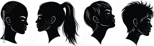 Set of beautiful woman profile silhouettes with different hairstyles, including ponytail, short hair, and shaved head, isolated on white background. (20 words)