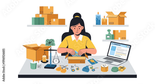 Woman packing orders with boxes and laptop on desk.