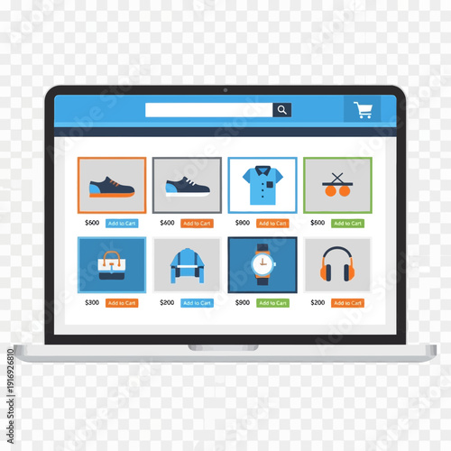 Laptop displaying an online store with various products.