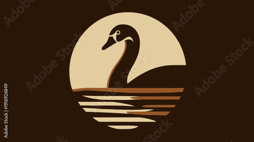 A stylized swan in brown and tan tones. A circular background suggests the sun. The bird is floating on water