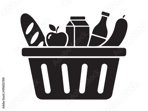 Grocery basket icon filled with fresh bread apple milk and vegetable silhouettes