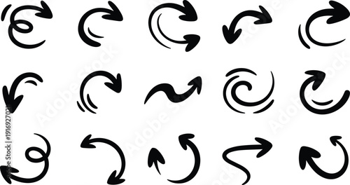 A collection of 16 unique hand drawn arrow icons in various curved and swirling shapes and designs