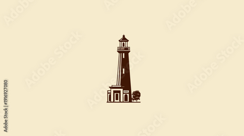 A tall lighthouse in dark brown against a cream background. The design is a minimalist outline