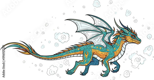 Vibrant blue dragon flying among white clouds