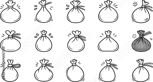 Collection of 14 hand drawn money bags with varied designs