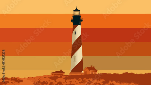 A coastal scene with a striped lighthouse set against a layered gradient orange sky, and small houses