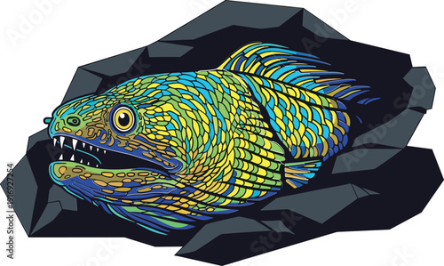 Vibrant anglerfish with sharp teeth emerging from dark waters